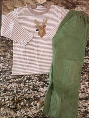 Striped Reindeer Kids Matching Set - Green